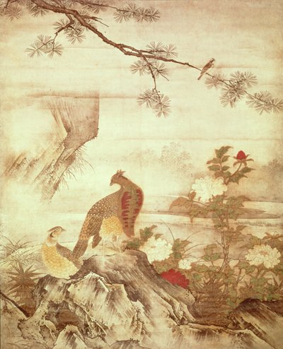Pheasants and peonies, from a series of scrolls representing Birds and Flowers of the Four Seasons, Muromachi Period by Kano Motonobu